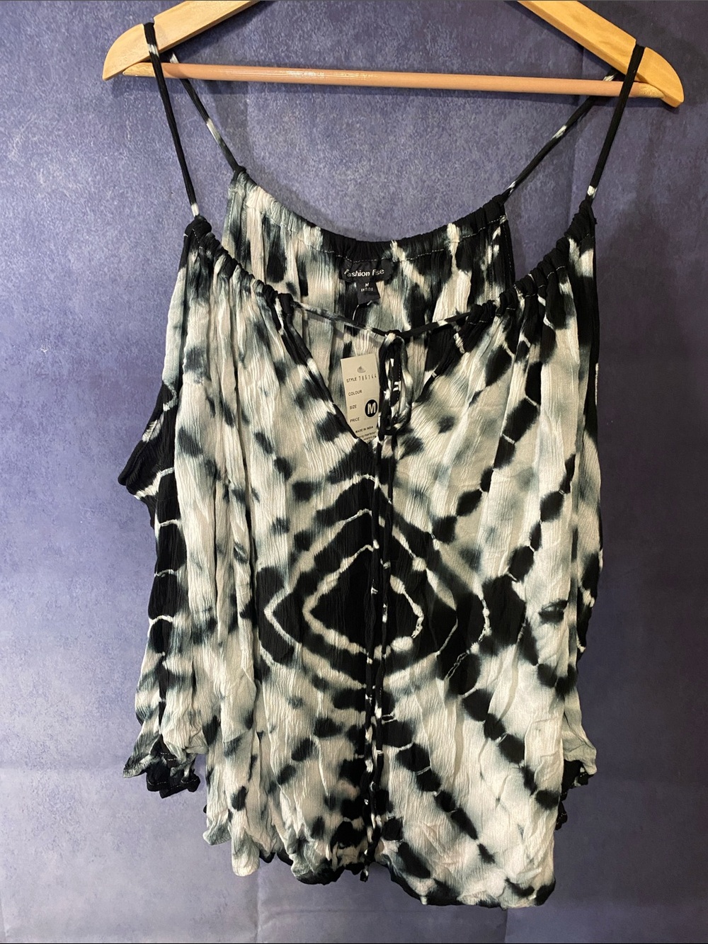 Cold-Shoulder Tie-Dye Camisole in Black and White - Fashion Fuse